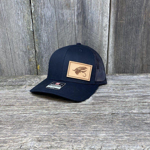 STEELHEAD FLY NATURAL LEATHER PATCH HAT - RICHARDSON 112 Leather Patch Hats Hells Canyon Designs Solid Black 