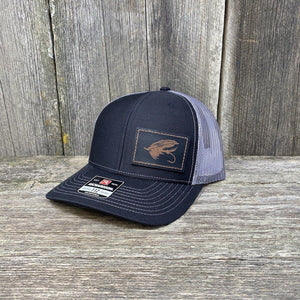 STEELHEAD FLY STITCHED BLACK LEATHER PATCH HAT - RICHARDSON 112 Leather Patch Hats Hells Canyon Designs # Black/Charcoal 