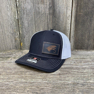 STEELHEAD FLY STITCHED BLACK LEATHER PATCH HAT - RICHARDSON 112 Leather Patch Hats Hells Canyon Designs # Black/White 