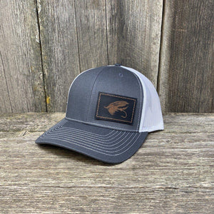 STEELHEAD FLY STITCHED BLACK LEATHER PATCH HAT - RICHARDSON 112 Leather Patch Hats Hells Canyon Designs # Charcoal/White 