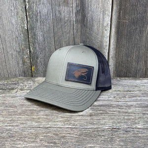 STEELHEAD FLY STITCHED BLACK LEATHER PATCH HAT - RICHARDSON 112 Leather Patch Hats Hells Canyon Designs # Loden/Black 