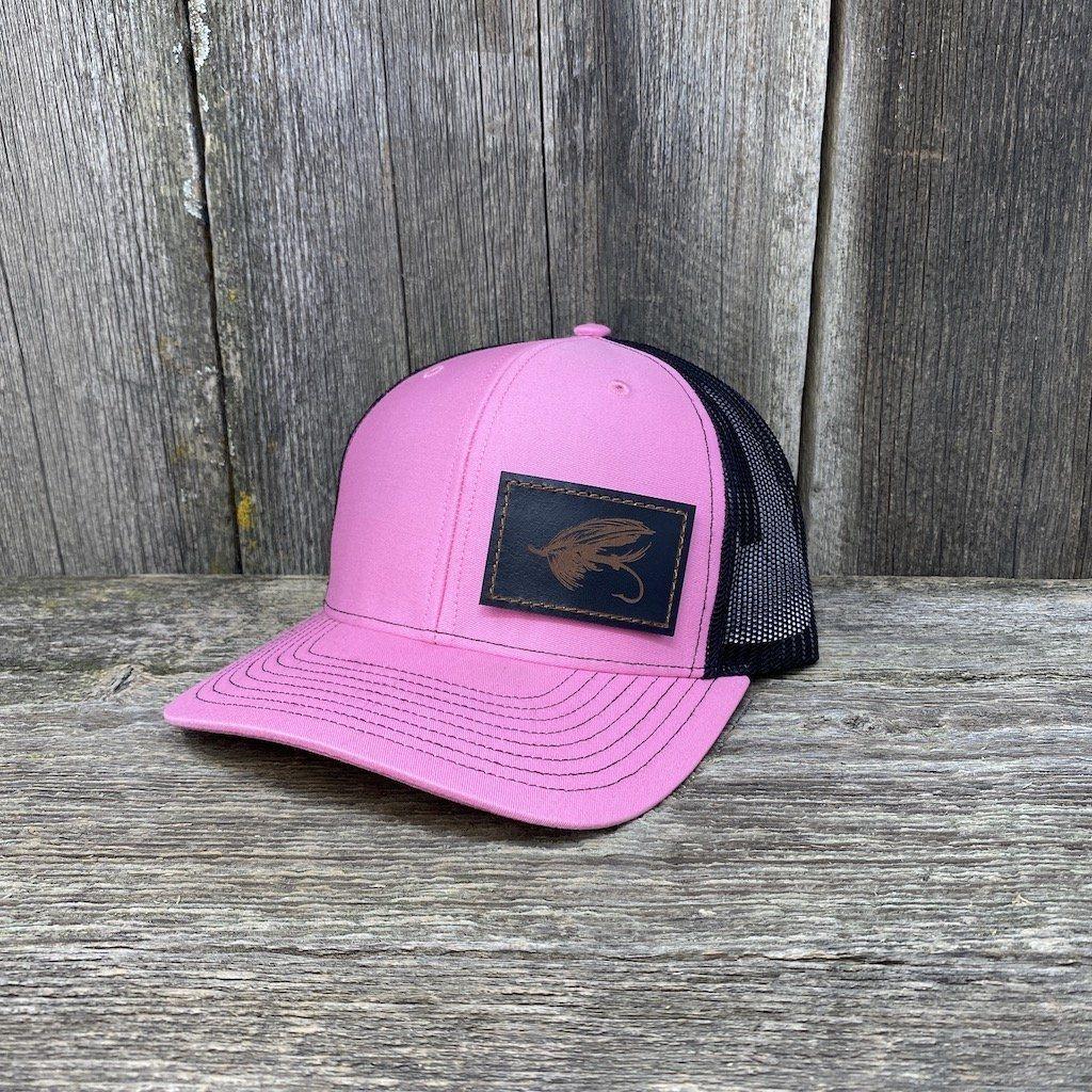 Hand Sewn Black Steelhead Fly Leather Patch Hat - Richardson 112 | Hells Canyon Designs Pink/Black