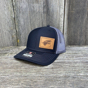 STEELHEAD FLY STITCHED CHESTNUT LEATHER PATCH HAT - RICHARDSON 112 Leather Patch Hats Hells Canyon Designs # Black/Charcoal 