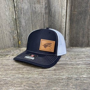 STEELHEAD FLY STITCHED CHESTNUT LEATHER PATCH HAT - RICHARDSON 112 Leather Patch Hats Hells Canyon Designs # Black/White 