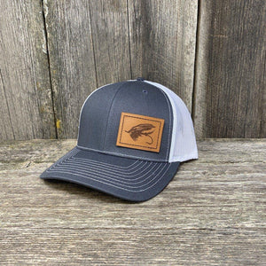 STEELHEAD FLY STITCHED CHESTNUT LEATHER PATCH HAT - RICHARDSON 112 Leather Patch Hats Hells Canyon Designs # Charcoal/White 