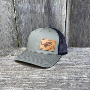 STEELHEAD FLY STITCHED CHESTNUT LEATHER PATCH HAT - RICHARDSON 112 Leather Patch Hats Hells Canyon Designs # Loden/Black 