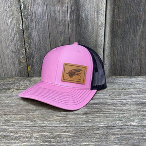 STEELHEAD FLY STITCHED CHESTNUT LEATHER PATCH HAT - RICHARDSON 112 Leather Patch Hats Hells Canyon Designs # Pink/Black 