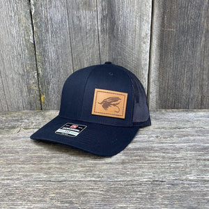 STEELHEAD FLY STITCHED CHESTNUT LEATHER PATCH HAT - RICHARDSON 112 Leather Patch Hats Hells Canyon Designs # Solid Black 