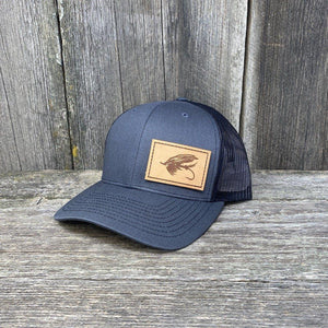 STEELHEAD FLY STITCHED NATURAL LEATHER PATCH HAT - RICHARDSON 112 Leather Patch Hats Hells Canyon Designs Charcoal/Black 