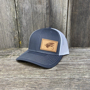 STEELHEAD FLY STITCHED NATURAL LEATHER PATCH HAT - RICHARDSON 112 Leather Patch Hats Hells Canyon Designs Charcoal/White 