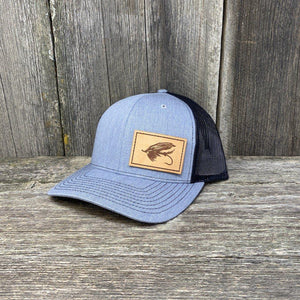 STEELHEAD FLY STITCHED NATURAL LEATHER PATCH HAT - RICHARDSON 112 Leather Patch Hats Hells Canyon Designs Heather/Black 