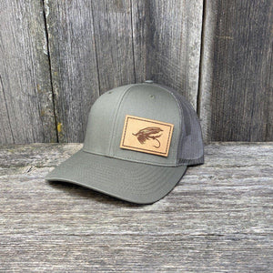STEELHEAD FLY STITCHED NATURAL LEATHER PATCH HAT - RICHARDSON 112 Leather Patch Hats Hells Canyon Designs Loden 