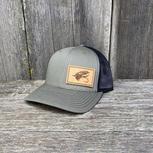 STEELHEAD FLY STITCHED NATURAL LEATHER PATCH HAT - RICHARDSON 112 Leather Patch Hats Hells Canyon Designs Loden/Black 