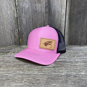 STEELHEAD FLY STITCHED NATURAL LEATHER PATCH HAT - RICHARDSON 112 Leather Patch Hats Hells Canyon Designs Pink/Black 