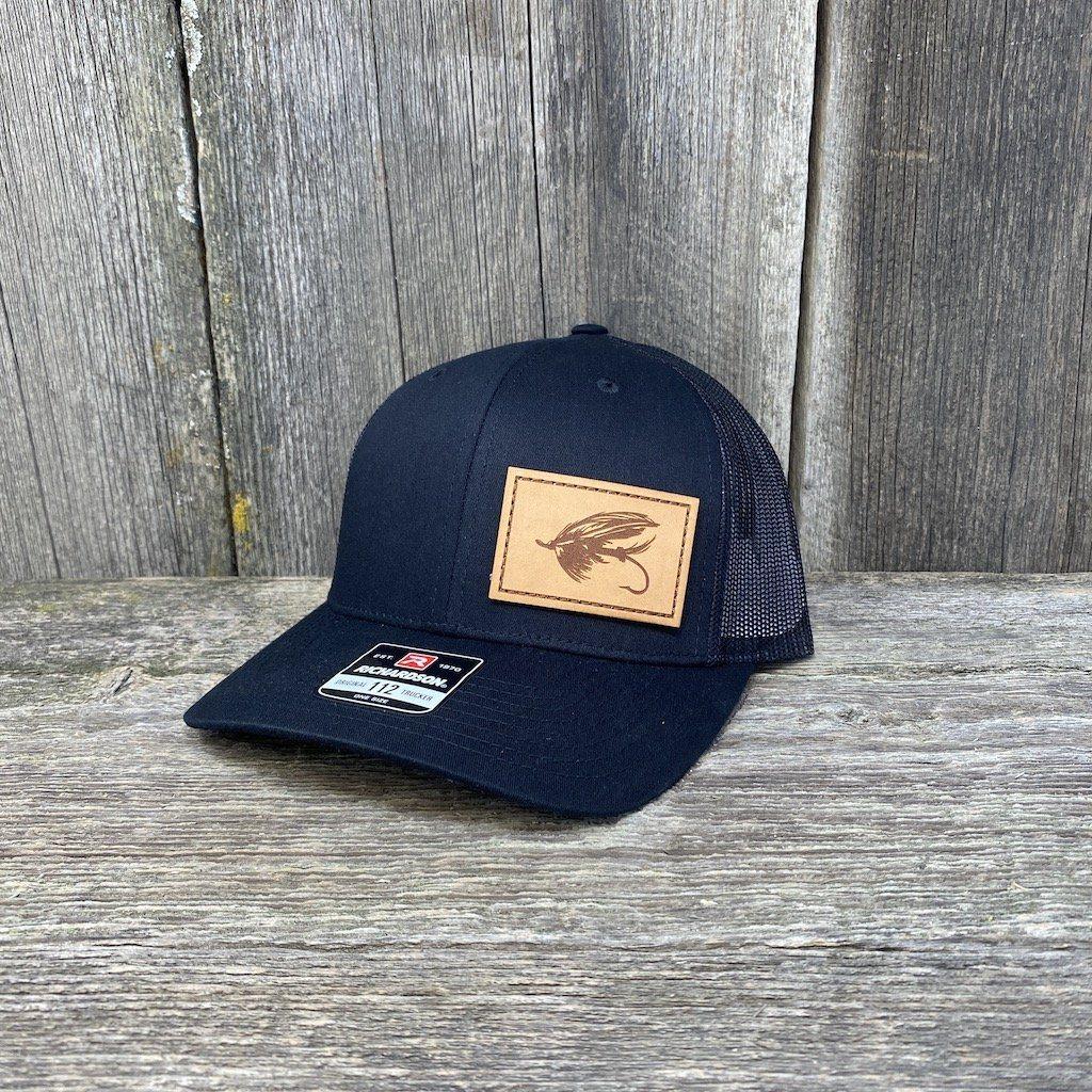 STEELHEAD FLY STITCHED NATURAL LEATHER PATCH HAT - RICHARDSON 112 Leather Patch Hats Hells Canyon Designs Heather/Black 