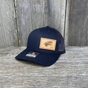 STEELHEAD FLY STITCHED NATURAL LEATHER PATCH HAT - RICHARDSON 112 Leather Patch Hats Hells Canyon Designs Solid Black 
