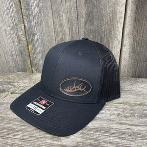 STITCHED ELK RACK BLACK LEATHER PATCH HAT - RICHARDSON 112 Leather Patch Hats Hells Canyon Designs # Solid Black