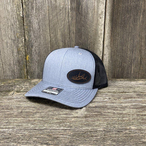 STITCHED ELK RACK BLACK LEATHER PATCH HAT - RICHARDSON 112 Leather Patch Hats Hells Canyon Designs # Heather Grey/Black 