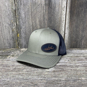 STITCHED ELK RACK BLACK LEATHER PATCH HAT - RICHARDSON 112 Leather Patch Hats Hells Canyon Designs # Loden/Black 