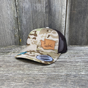 Washington Hat Elk Patch Hat Flex-Fit Leather Patch Hats Hells Canyon Designs Arid/Brown Multicam 