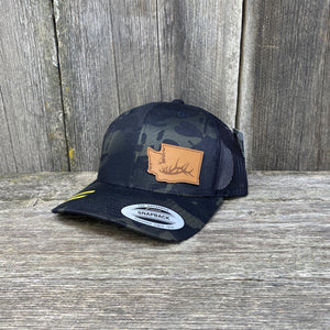 Washington Hat Elk Patch Hat Flex-Fit Leather Patch Hats Hells Canyon Designs Black Multicam 