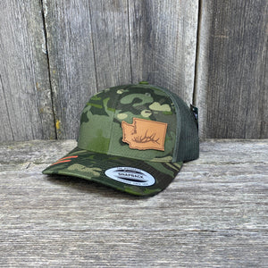 Washington Hat Elk Patch Hat Flex-Fit Leather Patch Hats Hells Canyon Designs Tropical Multicam 